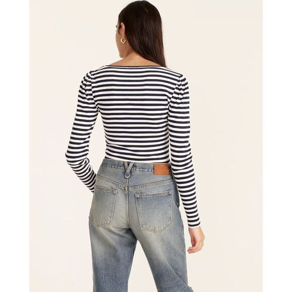 J. CREW Navy Blue White Striped Ribbed Stretch Cotton Square Neck Shirt Medium - Picture 2 of 7